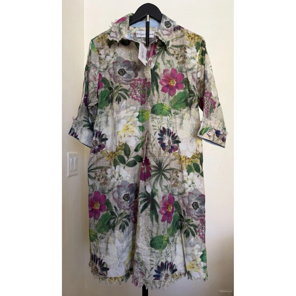 New Dizzy Lizzie Botanical Print Chatham Popover Dress L Cotton Linen Artsy Boho